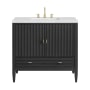 James Martin Vanities Myrrin 36" Single Basin Wood Vanity Set with 3cm Ethereal Noctis Silestone Quartz Vanity Top, Rectangular Sink and Outlet - 8" Faucet Centers Carbon Oak