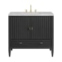 James Martin Vanities Myrrin 36" Single Basin Wood Vanity Set with 3cm Victorian Silver Silestone Quartz Vanity Top, Rectangular Sink and Outlet - 8" Faucet Centers Carbon Oak