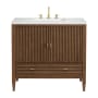 James Martin Vanities Myrrin 36" Single Basin Wood Vanity Set with 3cm Arctic Fall Solid Surface Vanity Top, Rectangular Sink and Electrical Outlet - 8" Faucet Centers Mid-Century Walnut
