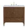 James Martin Vanities Myrrin 36" Single Basin Wood Vanity Set with 3cm Carrara White Marble Vanity Top, Rectangular Sink, USB Port and Electrical Outlet - 8" Faucet Centers Mid-Century Walnut