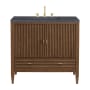 James Martin Vanities Myrrin 36" Single Basin Wood Vanity Set with 3cm Charcoal Soapstone Silestone Quartz Vanity Top and Rectangular Sink - 8" Faucet Centers Mid-Century Walnut