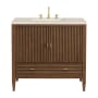 James Martin Vanities Myrrin 36" Single Basin Wood Vanity Set with 3cm Eternal Marfil Silestone Quartz Vanity Top, Rectangular Sink and Outlet - 8" Faucet Centers Mid-Century Walnut