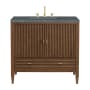 James Martin Vanities Myrrin 36" Single Basin Wood Vanity Set with 3cm Parisien Bleu Silestone Quartz Vanity Top, Rectangular Sink and Electrical Outlet - 8" Faucet Centers Mid-Century Walnut