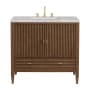 James Martin Vanities Myrrin 36" Single Basin Wood Vanity Set with 3cm Victorian Silver Silestone Quartz Vanity Top, Rectangular Sink and Outlet - 8" Faucet Centers Mid-Century Walnut