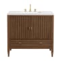 James Martin Vanities Myrrin 36" Single Basin Wood Vanity Set with 3cm White Zeus Silestone Quartz Vanity Top, Rectangular Sink and Electrical Outlet - 8" Faucet Centers Mid-Century Walnut