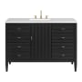 James Martin Vanities Myrrin 48" Single Basin Wood Vanity Set with 3cm White Zeus Silestone Quartz Vanity Top, Rectangular Sink and Electrical Outlet - 8" Faucet Centers Carbon Oak