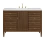 James Martin Vanities Myrrin 48" Single Basin Wood Vanity Set with 3cm Arctic Fall Solid Surface Vanity Top, Rectangular Sink and Electrical Outlet - 8" Faucet Centers Mid-Century Walnut