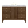 James Martin Vanities Myrrin 48" Single Basin Wood Vanity Set with 3cm Carrara White Marble Vanity Top, Rectangular Sink, USB Port and Electrical Outlet - 8" Faucet Centers Mid-Century Walnut