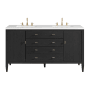 James Martin Vanities Myrrin 60" Double Basin Wood Vanity Set with 3cm White Zeus Silestone Quartz Vanity Top, Rectangular Sinks and Electrical Outlet - 8" Faucet Centers Carbon Oak