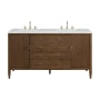 James Martin Vanities Myrrin 60" Double Basin Wood Vanity Set with 3cm Ethereal Noctis Silestone Quartz Vanity Top, Rectangular Sinks and Outlet - 8" Faucet Centers Mid-Century Walnut