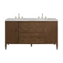 James Martin Vanities Myrrin 60" Double Basin Wood Vanity Set with 3cm Victorian Silver Silestone Quartz Vanity Top and Rectangular Sinks - 8" Faucet Centers Mid-Century Walnut