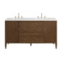 James Martin Vanities Myrrin 60" Double Basin Wood Vanity Set with 3cm White Zeus Silestone Quartz Vanity Top, Rectangular Sinks and Electrical Outlet - 8" Faucet Centers Mid-Century Walnut