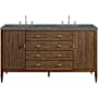James Martin Vanities Myrrin 60" Free Standing Double Basin Poplar Wood Vanity Set with Parisien Bleu Stone Composite Top, Rectangular Sinks, and FreePower Wireless Charger Mid-Century Walnut