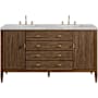 James Martin Vanities Myrrin 60" Free Standing Double Basin Poplar Wood Vanity Set with Victorian Silver Stone Composite Top, Rectangular Sinks, and FreePower Mid-Century Walnut