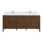 James Martin Vanities Myrrin 72" Double Basin Wood Vanity Set with 3cm White Zeus Silestone Quartz Vanity Top, Rectangular Sinks and Electrical Outlet - Single Faucet Hole Mid-Century Walnut