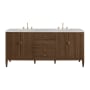 James Martin Vanities Myrrin 72" Double Basin Wood Vanity Set with 3cm Eternal Jasmine Pearl Silestone Quartz Vanity Top and Rectangular Sinks - 8" Faucet Centers Mid-Century Walnut
