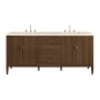 James Martin Vanities Myrrin 72" Double Basin Wood Vanity Set with 3cm Eternal Marfil Silestone Quartz Vanity Top, Rectangular Sinks and Outlet - 8" Faucet Centers Mid-Century Walnut