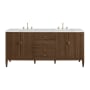James Martin Vanities Myrrin 72" Double Basin Wood Vanity Set with 3cm Ethereal Noctis Silestone Quartz Vanity Top, Rectangular Sinks and Outlet - 8" Faucet Centers Mid-Century Walnut