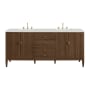 James Martin Vanities Myrrin 72" Double Basin Wood Vanity Set with 3cm Lime Delight Silestone Quartz Vanity Top, Rectangular Sinks and Electrical Outlet - 8" Faucet Centers Mid-Century Walnut