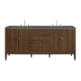 James Martin Vanities Myrrin 72" Double Basin Wood Vanity Set with 3cm Parisien Bleu Silestone Quartz Vanity Top, Rectangular Sinks and Outlet - 8" Faucet Centers Mid-Century Walnut