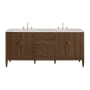 James Martin Vanities Myrrin 72" Double Basin Wood Vanity Set with 3cm Victorian Silver Silestone Quartz Vanity Top and Rectangular Sinks - 8" Faucet Centers Mid-Century Walnut