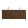 James Martin Vanities Myrrin 72" Double Basin Wood Vanity Set with 3cm White Zeus Silestone Quartz Vanity Top, Rectangular Sinks and Electrical Outlet - 8" Faucet Centers Mid-Century Walnut