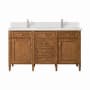 James Martin Vanities Brittany 60" Double Basin Poplar Wood Vanity Set with 3cm White Zeus Silestone Quartz Vanity Top, Backsplash and Rectangular Sinks Saddle Brown