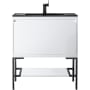 James Martin Vanities Mantova 32" Single Basin Poplar Wood Vanity Set with Charcoal Black Composite Stone Vanity Top, Matte Black Base and Rectangular Sink Glossy White