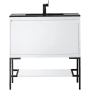 James Martin Vanities Mantova 36" Single Basin Poplar Wood Vanity Set with Charcoal Black Composite Stone Vanity Top, Matte Black Base and Rectangular Sink Glossy White