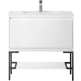 James Martin Vanities Mantova 36" Single Basin Poplar Wood Vanity Set with Glossy White Composite Stone Vanity Top, Matte Black Base and Rectangular Sink Glossy White