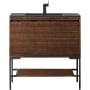 James Martin Vanities Mantova 36" Single Basin Poplar Wood Vanity Set with Charcoal Black Composite Stone Vanity Top, Matte Black Base and Rectangular Sink Mid-Century Walnut