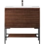James Martin Vanities Mantova 36" Single Basin Poplar Wood Vanity Set with Glossy White Composite Stone Vanity Top, Matte Black Base and Rectangular Sink Mid-Century Walnut