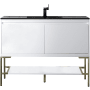 James Martin Vanities Mantova 48" Single Basin Poplar Wood Vanity Set with Charcoal Black Composite Stone Vanity Top, Champagne Brass Base and Rectangular Sink Glossy White