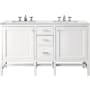 James Martin Vanities Addison 60" Free Standing Double Basin Poplar Vanity Set with 3 cm Ethereal Noctis Quartz Vanity Top, Rectangular Sinks, USB Port and Electrical Outlet Glossy White