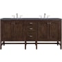 James Martin Vanities Addison 72" Free Standing Double Basin Hardwood Vanity Set with 1-3/16" Charcoal Soapstone Quartz Top, and Electrical Outlet Mid Century Acacia