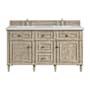 James Martin Vanities Lorelai 60" Double Basin Wood Vanity Set with 3cm White Zeus Silestone Quartz Vanity Top, Rectangular Sinks and Electrical Outlet - 8" Faucet Centers Whitewashed Oak