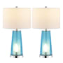 JONATHAN Y Lighting Set of (2) - Tryon 2 Light 26" Tall LED Vase Lamp Set with White Linen Shade Clear Blue / Chrome