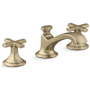 Kallista Script 1.2 GPM Widespread Bathroom Faucet with Cross Handles and Pop-Up Drain Assembly Brushed French Gold