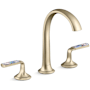 Kallista Script 1.2 GPM Widespread Bathroom Faucet with Spring Rain Lever Handles Brushed French Gold