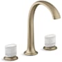 Kallista Script 1.2 GPM Widespread Bathroom Faucet with White Porcelain Knob Handles Brushed French Gold