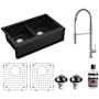Karran USA Quartz QA 34" Farmhouse Double Basin Quartz Composite Kitchen Sink with Single Hole 1.8 GPM Kitchen Faucet, Basin Rack, and Basket Strainer Black / Stainless Steel