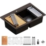 Karran USA 33" Drop In Double Basin Quartz Composite Kitchen Sink with Basin Rack, Basket Strainer, Colander and Cutting Board Brown
