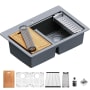 Karran USA 33" Drop In Double Basin Quartz Composite Kitchen Sink with Basin Rack, Basket Strainer, Colander and Cutting Board Grey