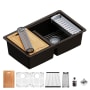 Karran USA 32-1/2" Undermount Double Basin Quartz Composite Kitchen Sink with Basin Rack, Basket Strainer, Colander and Cutting Board Brown