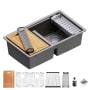 Karran USA 32-1/2" Undermount Double Basin Quartz Composite Kitchen Sink with Basin Rack, Basket Strainer, Colander and Cutting Board Concrete