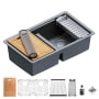 Karran USA 32-1/2" Undermount Double Basin Quartz Composite Kitchen Sink with Basin Rack, Basket Strainer, Colander and Cutting Board Grey