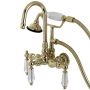 Kingston Brass Wilshire Wall Mounted Tub Filler Trim with Lever Handles and Integrated Diverter - Handshower Included Polished Brass