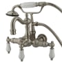 Kingston Brass Vintage Wall Mounted Clawfoot Tub Filler with Personal Hand Shower and Porcelain Lever Handles Brushed Nickel