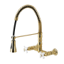 Kingston Brass Heritage 1.8 GPM Wall Mounted Widespread Bridge Pull Down Kitchen Faucet Brushed Brass