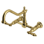 Kingston Brass Heritage 1.8 GPM Wall Mounted Widespread Bridge Kitchen Faucet - Includes Escutcheon Brushed Brass